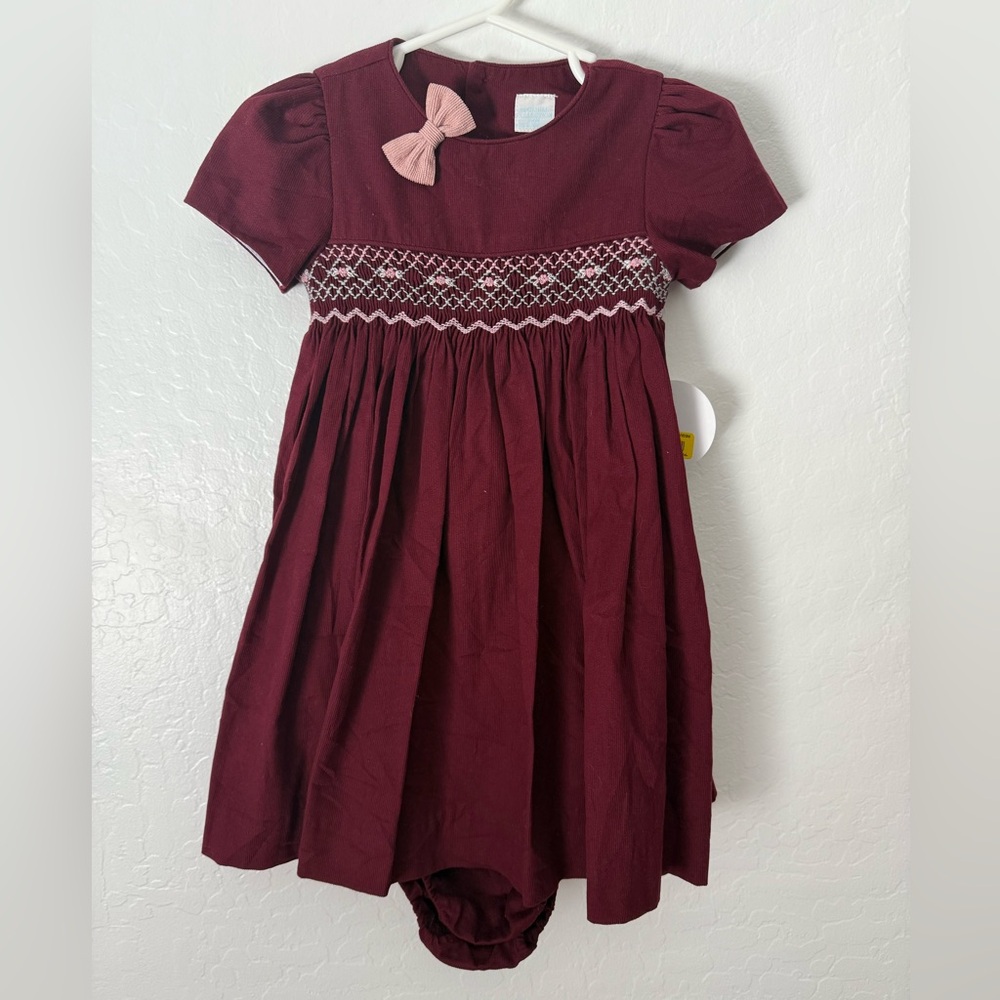 Brand New Edgehill Collection Burgundy Velvet Smock Dress – Girls’ Size 24mo